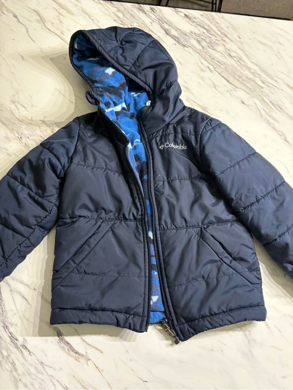 Columbia Kids Navy Puffer Jacket with Blue Camouflage Fleece Liner Reversible